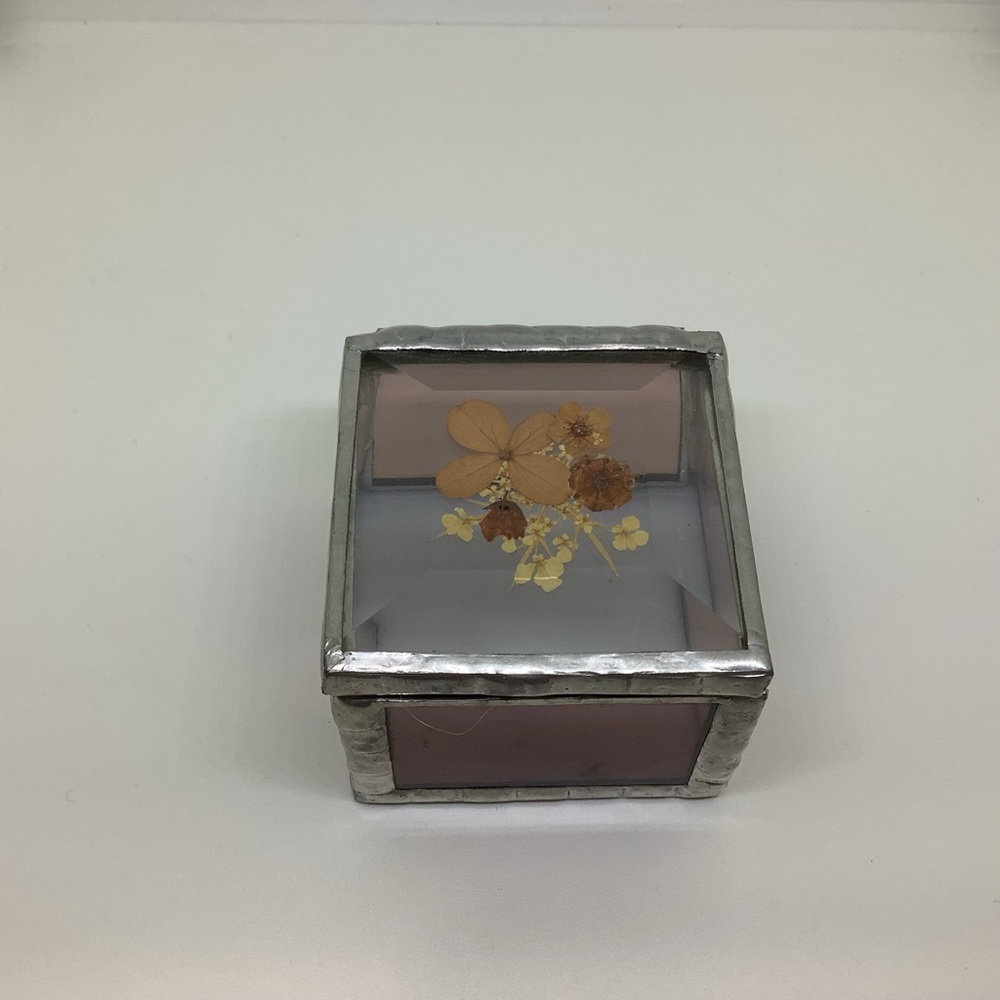 Trinket Box Stained Glass Hand Made Dried Flowers Purple White